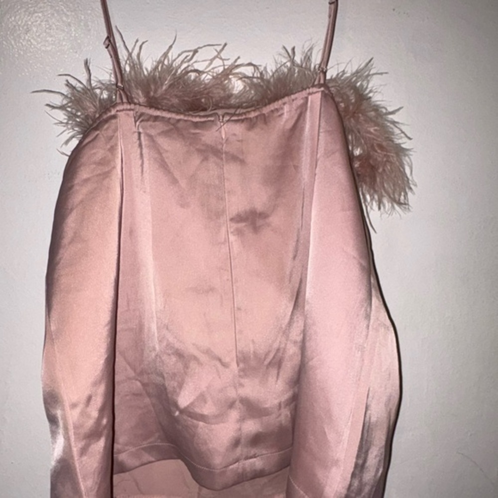 Lulu's Blush Feather-Trim Satin Slip top